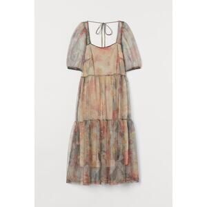 H&M Women's Floral Puff Sleeve Organza Midi Dress Fairy Cottage Core Small